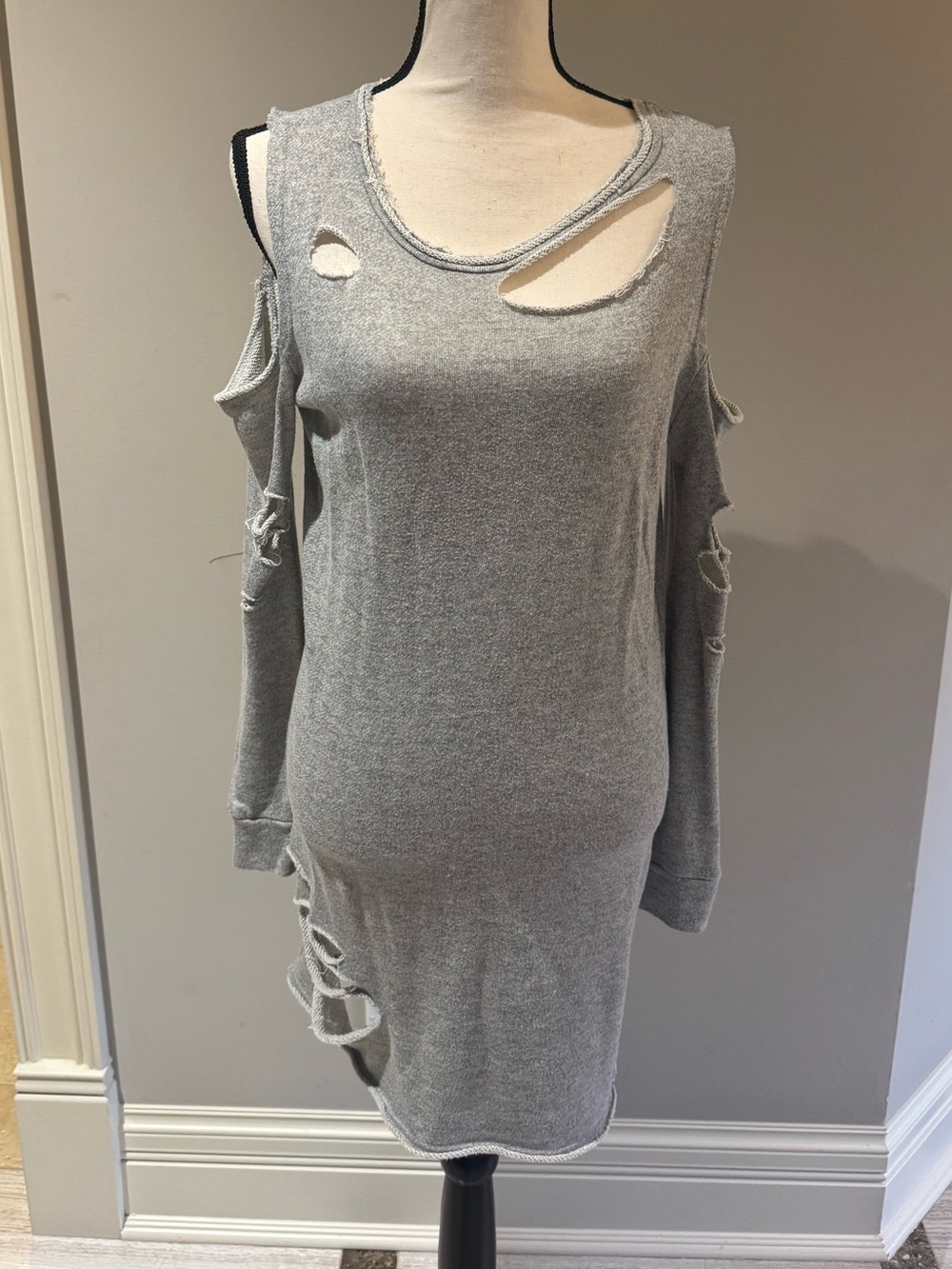 Planet Gold Gray Distressed Cold-Shoulder Knit Dress